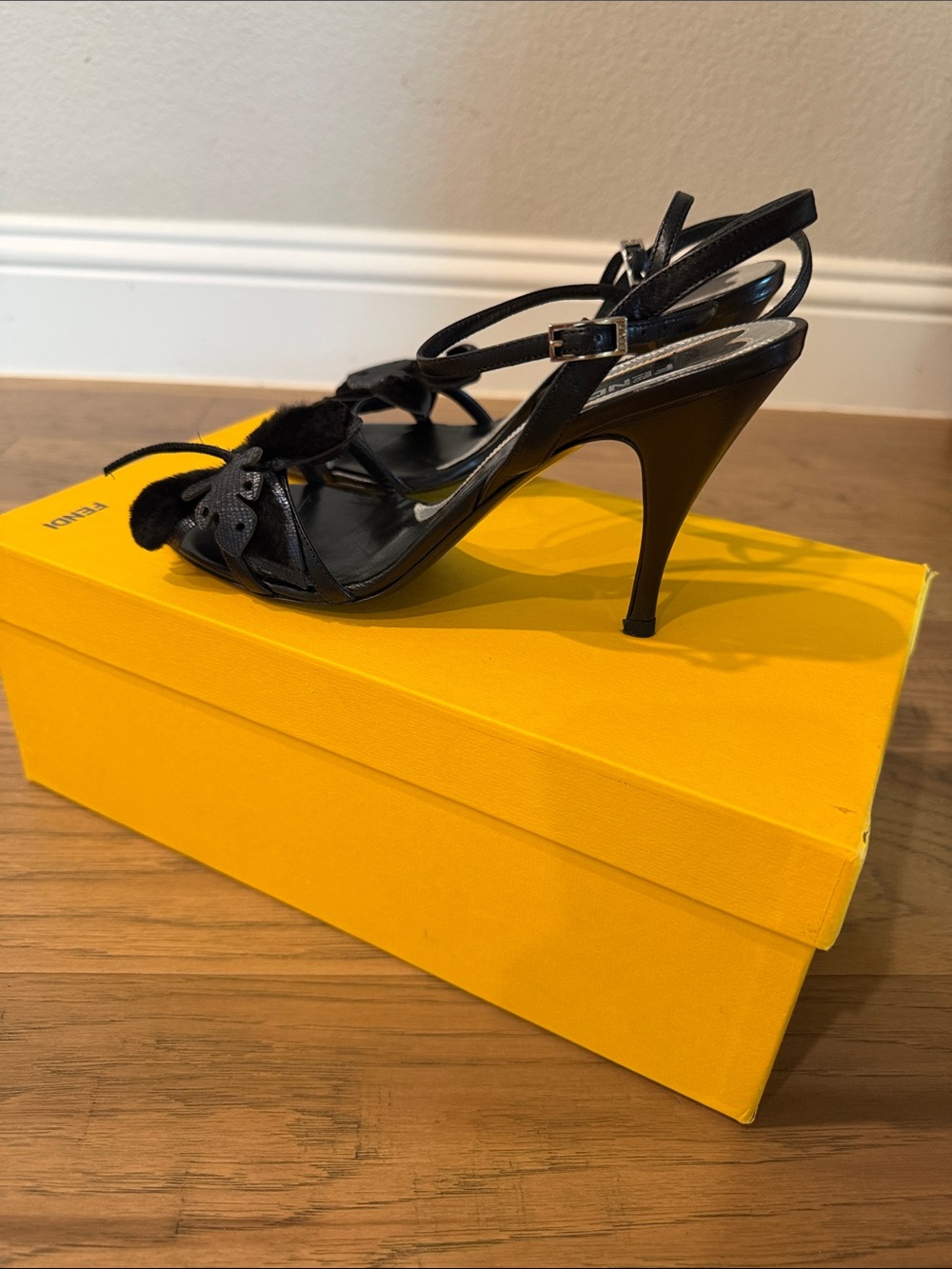 Fendi Black Floral Appliqué Strappy Heels - Picture 3 of 4